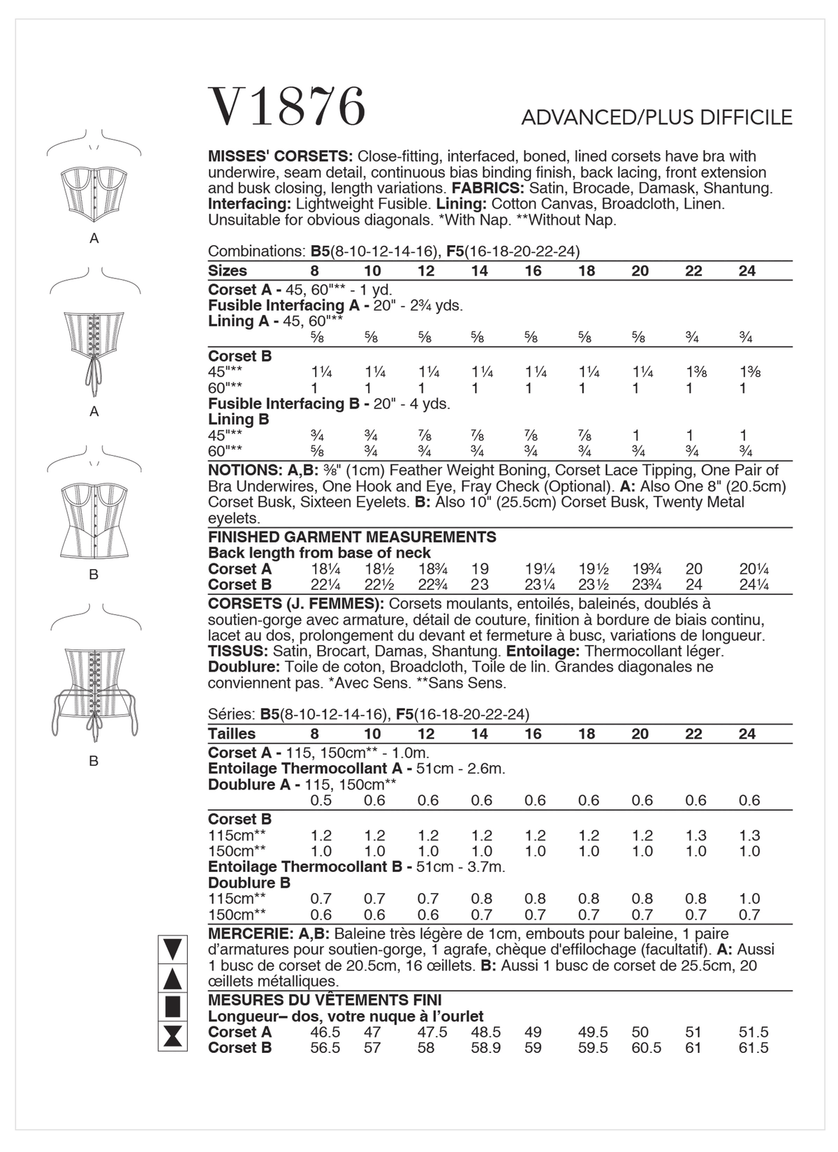 Vogue Patterns V1876 pattern envelope showing the boned corset and bra designs