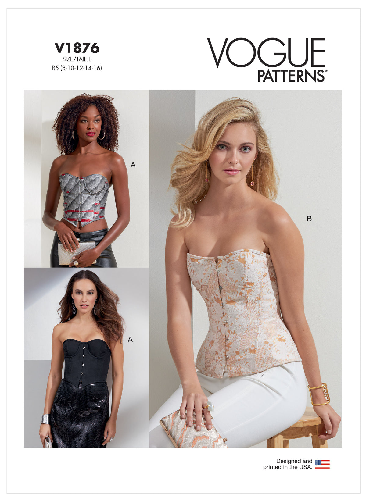 Vogue Patterns V1876 pattern envelope showing the boned corset and bra designs