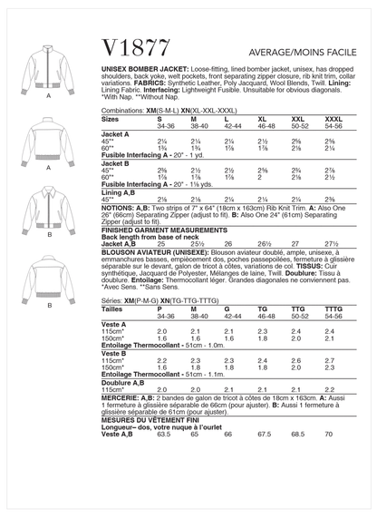 Vogue Patterns V1877 pattern envelope showing the unisex bomber jacket designs