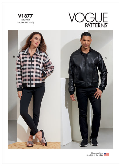 Vogue Patterns V1877 pattern envelope showing the unisex bomber jacket designs