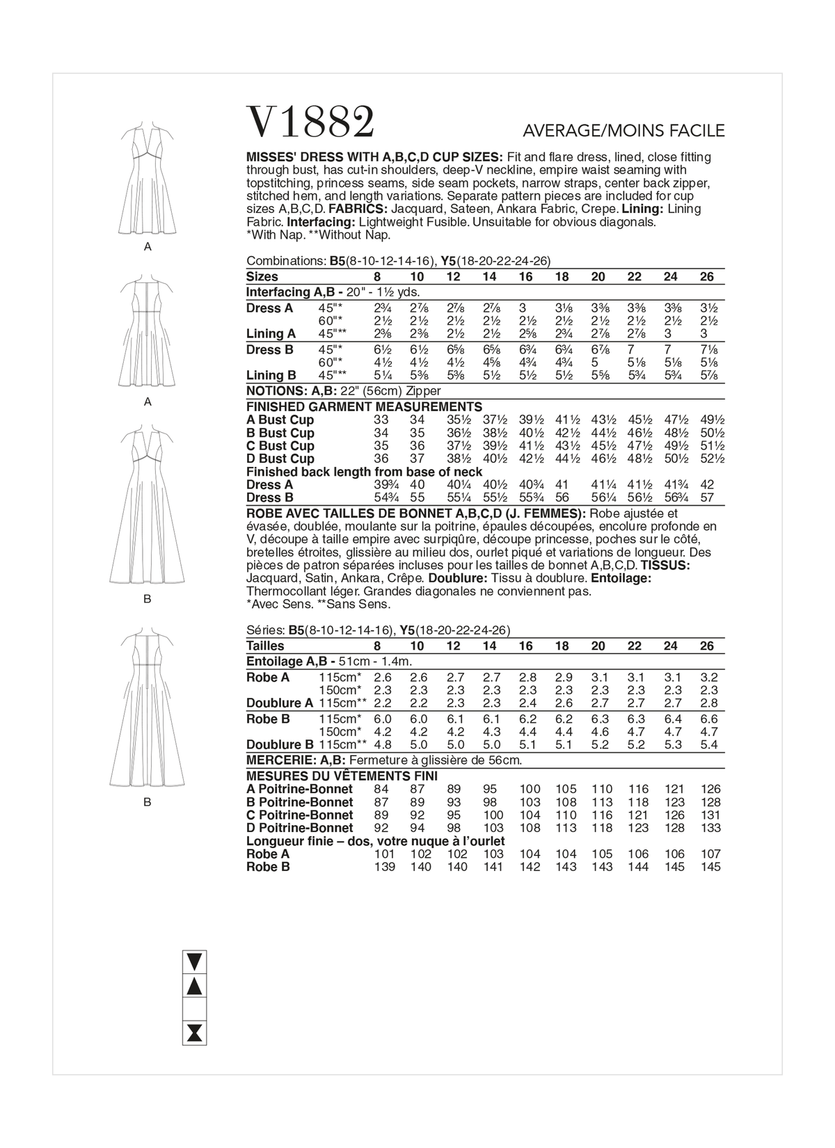 Vogue Patterns V1882 pattern envelope showing the lined v-neck fit and flare dress designs