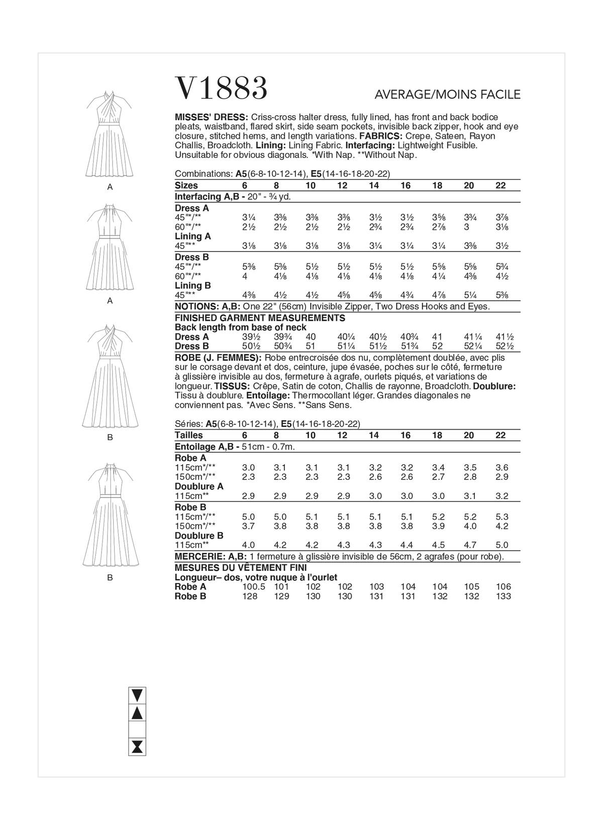 Vogue Patterns V1883 pattern envelope showing the criss-cross halter dress designs