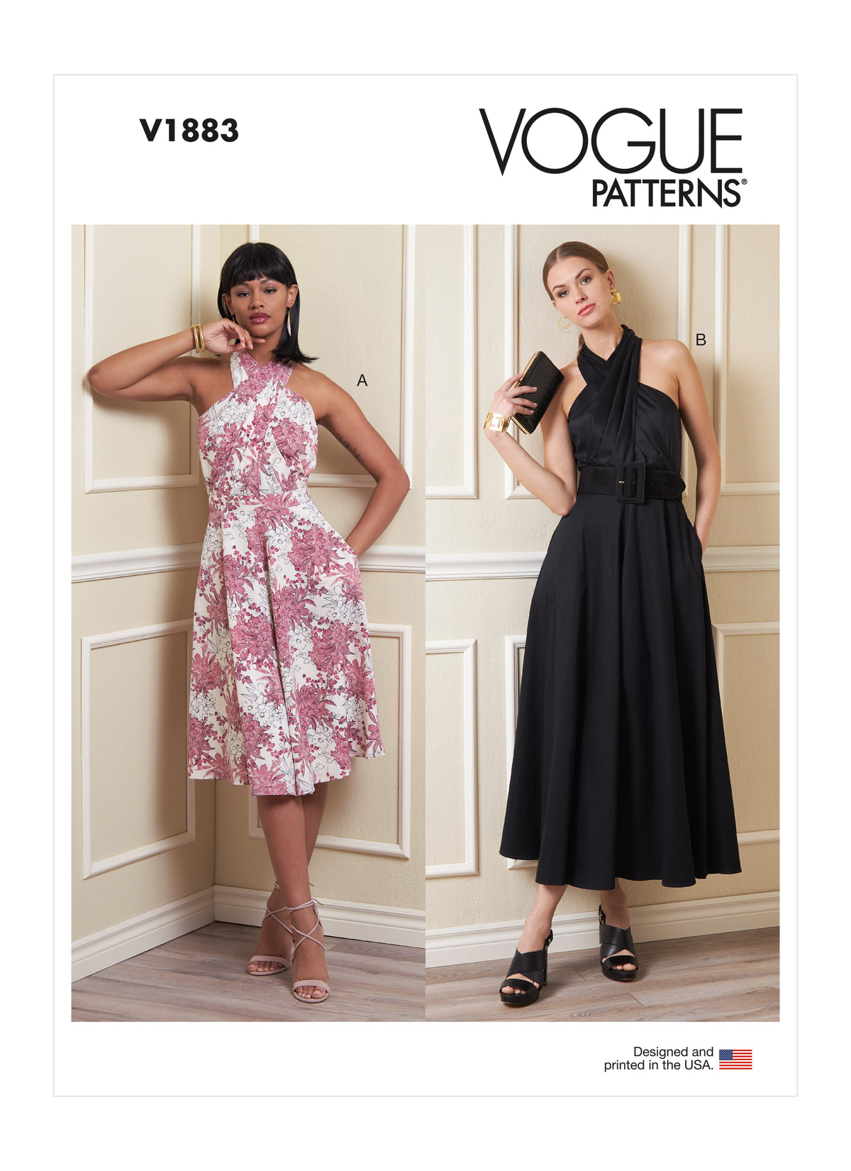 Vogue Patterns V1883 pattern envelope showing the criss-cross halter dress designs