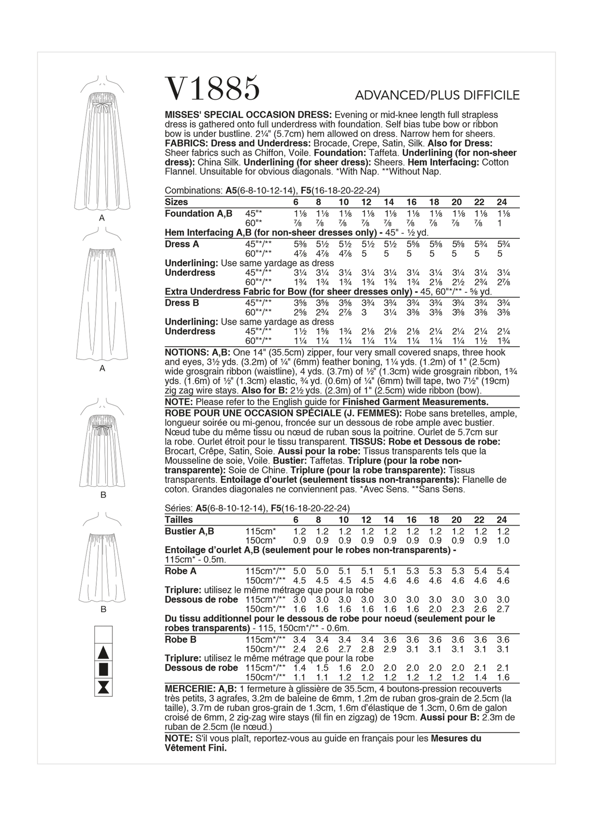 Vogue Patterns V1885 pattern envelope showing the strapless evening dress designs