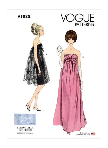 Vogue Patterns V1885 pattern envelope showing the strapless evening dress designs
