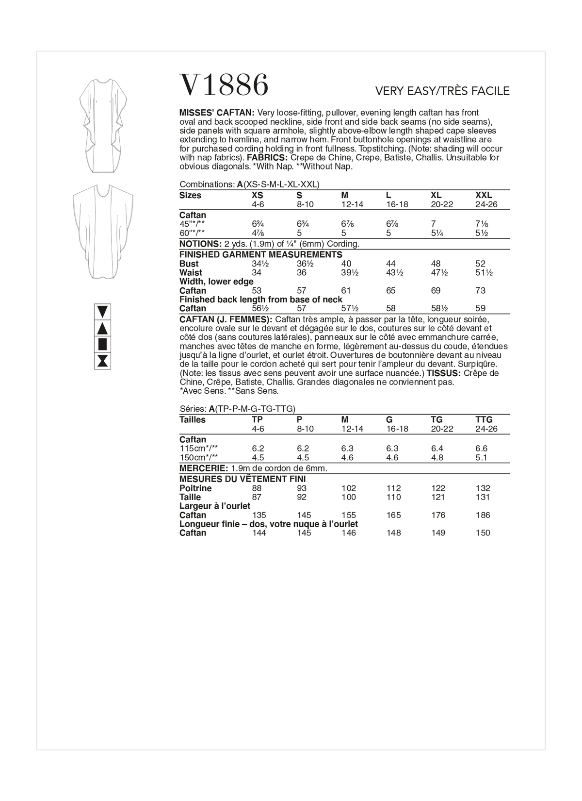 Vogue Patterns V1886 pattern envelope showing the evening length caftan designs