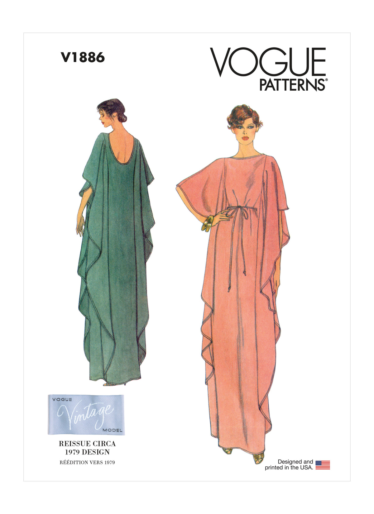 Vogue Patterns V1886 pattern envelope showing the evening length caftan designs