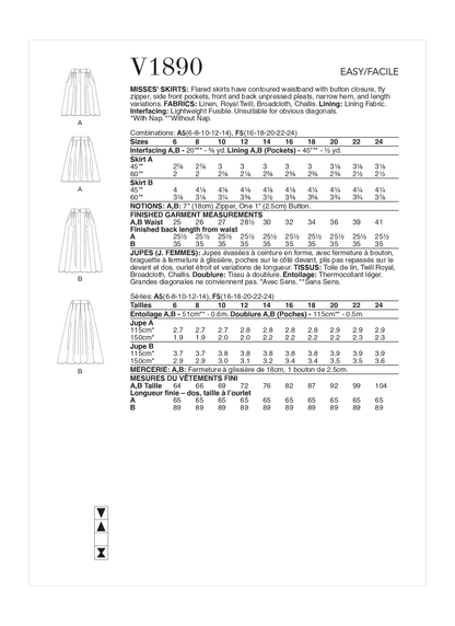 Vogue Patterns V1890 pattern envelope showing the flared skirt designs