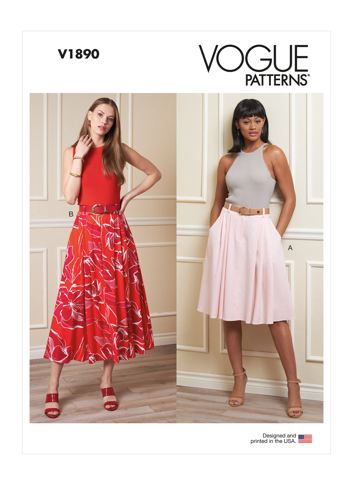 Vogue Patterns V1890 pattern envelope showing the flared skirt designs