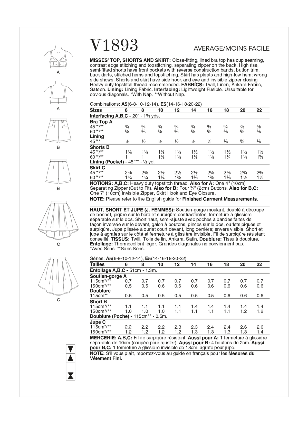 Vogue Patterns V1893 pattern envelope showing the lined bra top designs