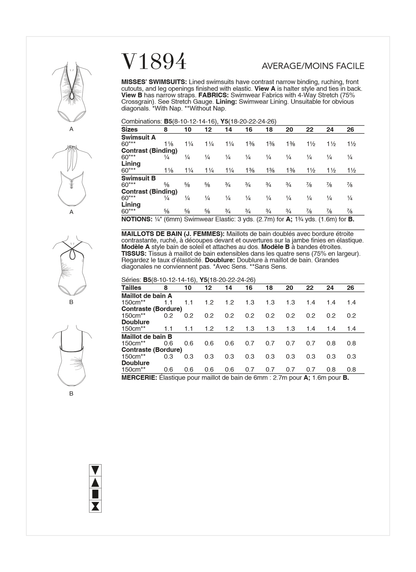 Vogue Patterns V1894 pattern envelope showing the swimsuit designs