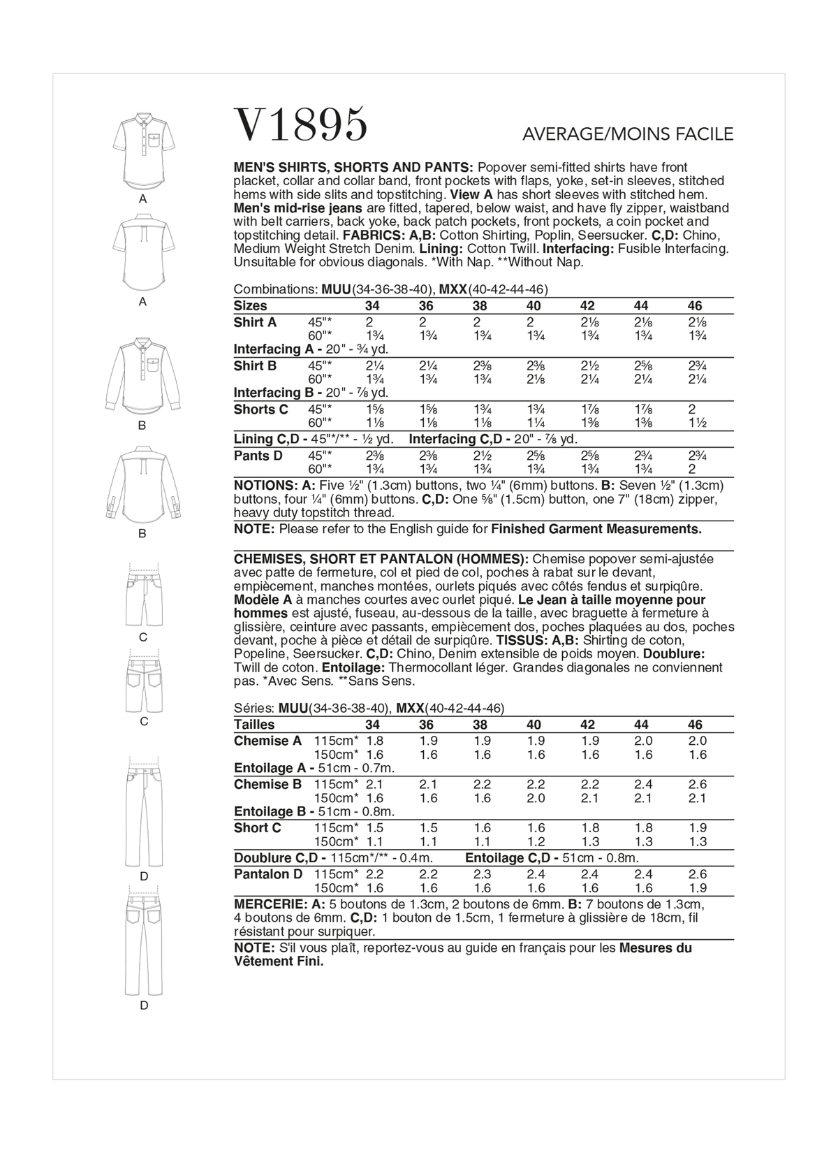 Vogue Patterns V1895 pattern envelope showing the men's popover shirt designs