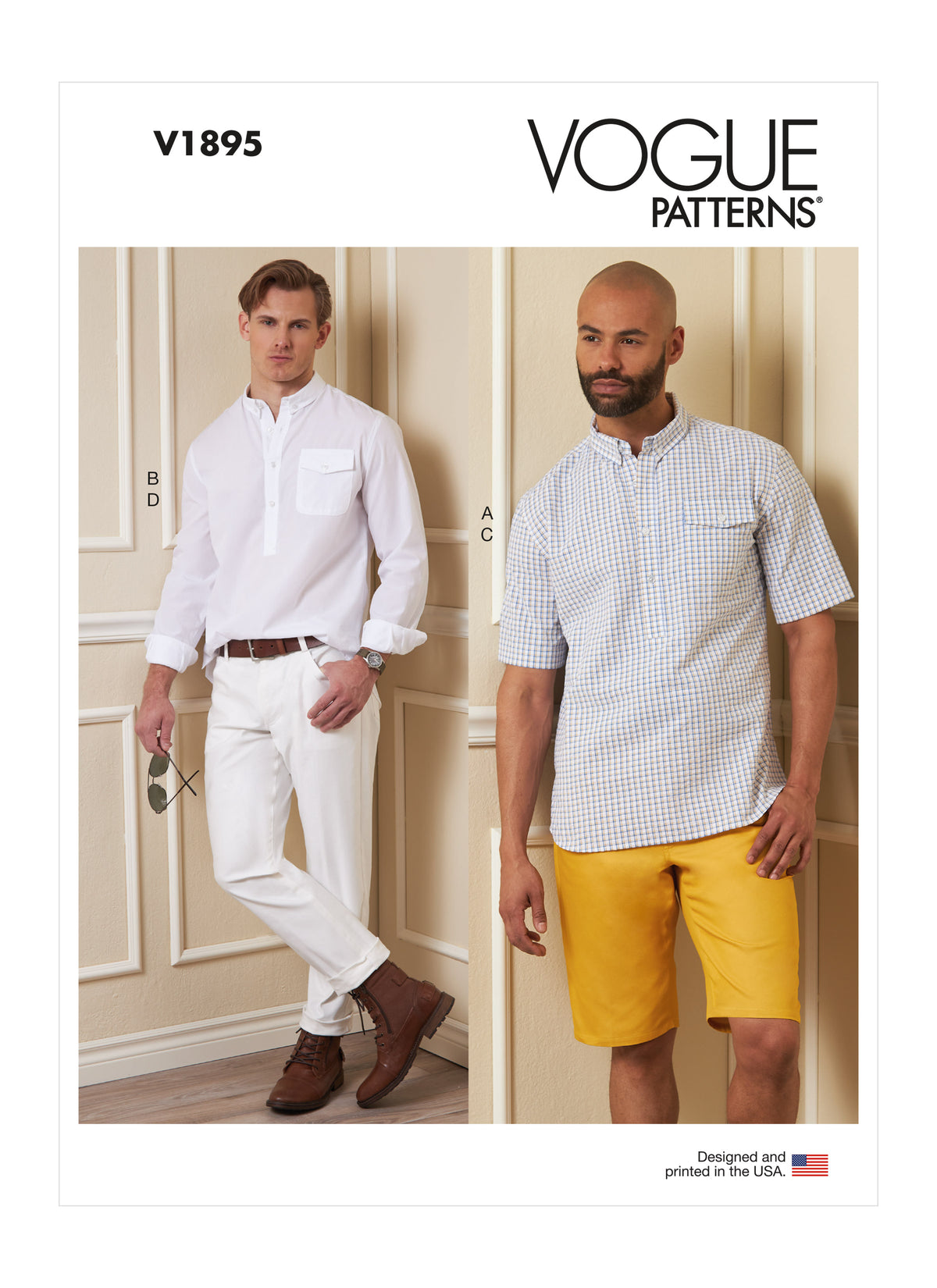 Vogue Patterns V1895 pattern envelope showing the men's popover shirt designs