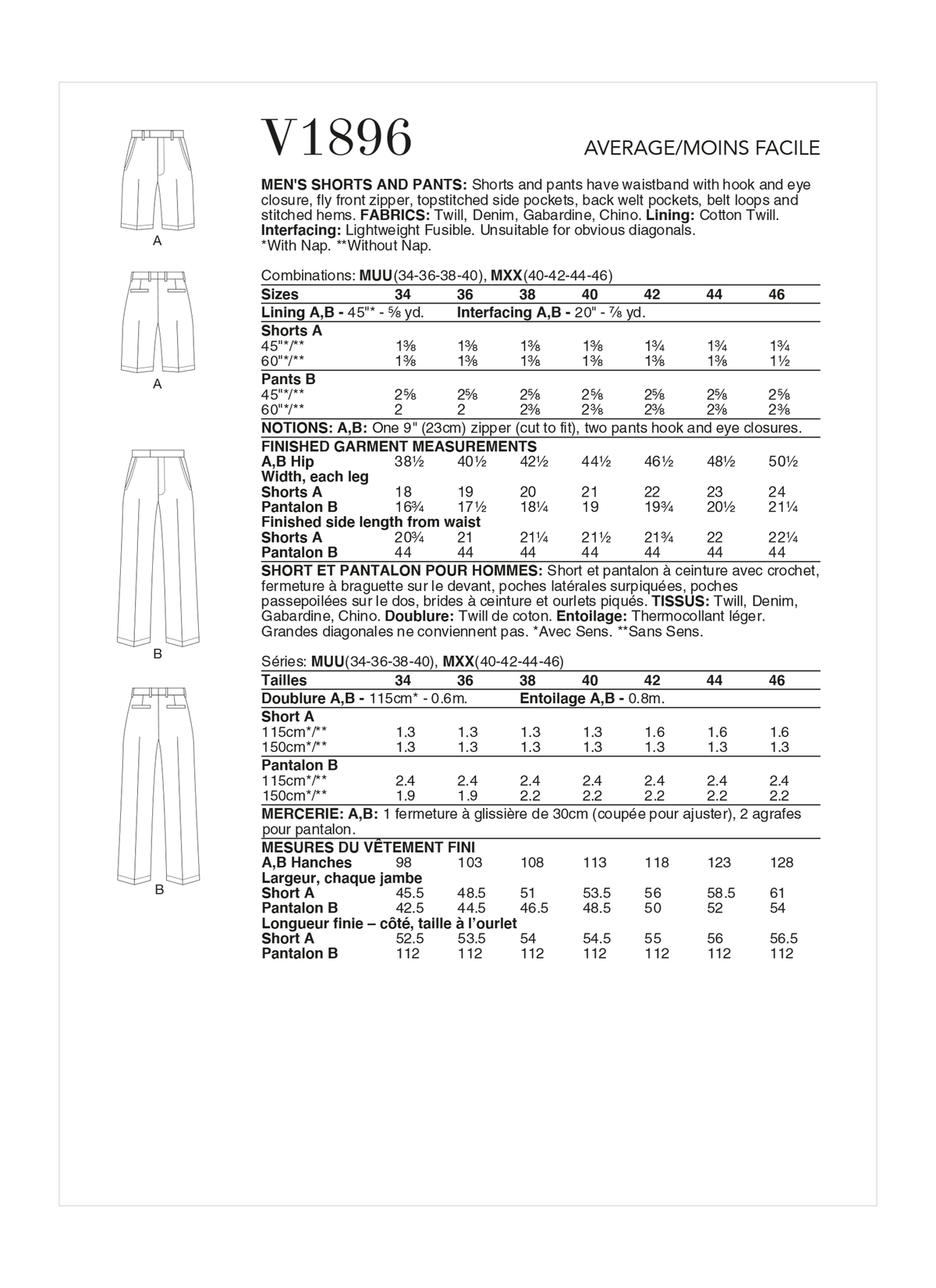 Vogue Patterns V1896 pattern envelope showing the men's shorts and trousers designs