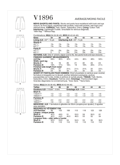 Vogue Patterns V1896 pattern envelope showing the men's shorts and trousers designs