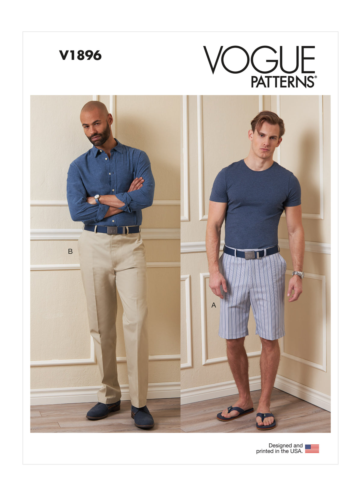 Vogue Patterns V1896 pattern envelope showing the men's shorts and trousers designs