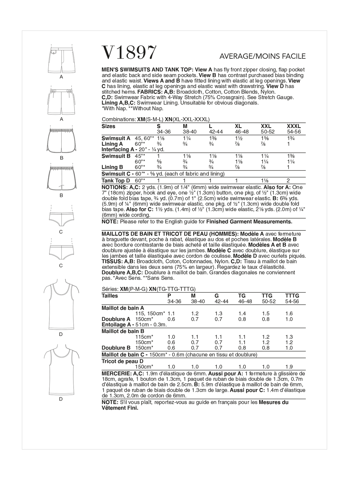 Vogue Patterns V1897 pattern envelope showing the men's swim shorts, briefs and vest designs