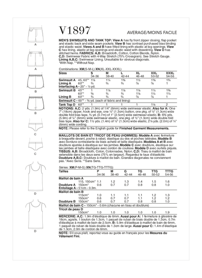 Vogue Patterns V1897 pattern envelope showing the men's swim shorts, briefs and vest designs