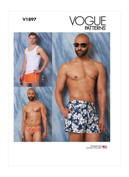 Vogue Patterns V1897 pattern envelope showing the men's swim shorts, briefs and vest designs