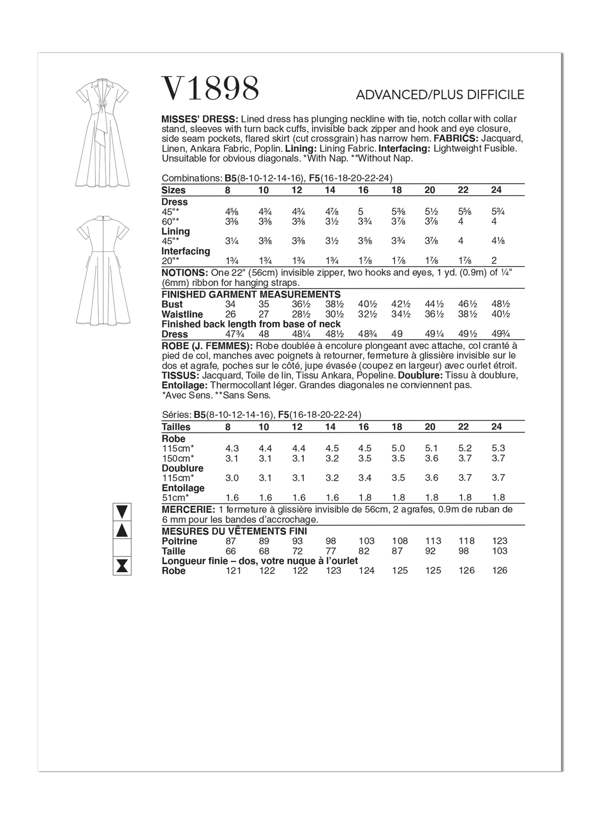 Vogue Patterns V1898 pattern envelope showing the tie neck dress designs