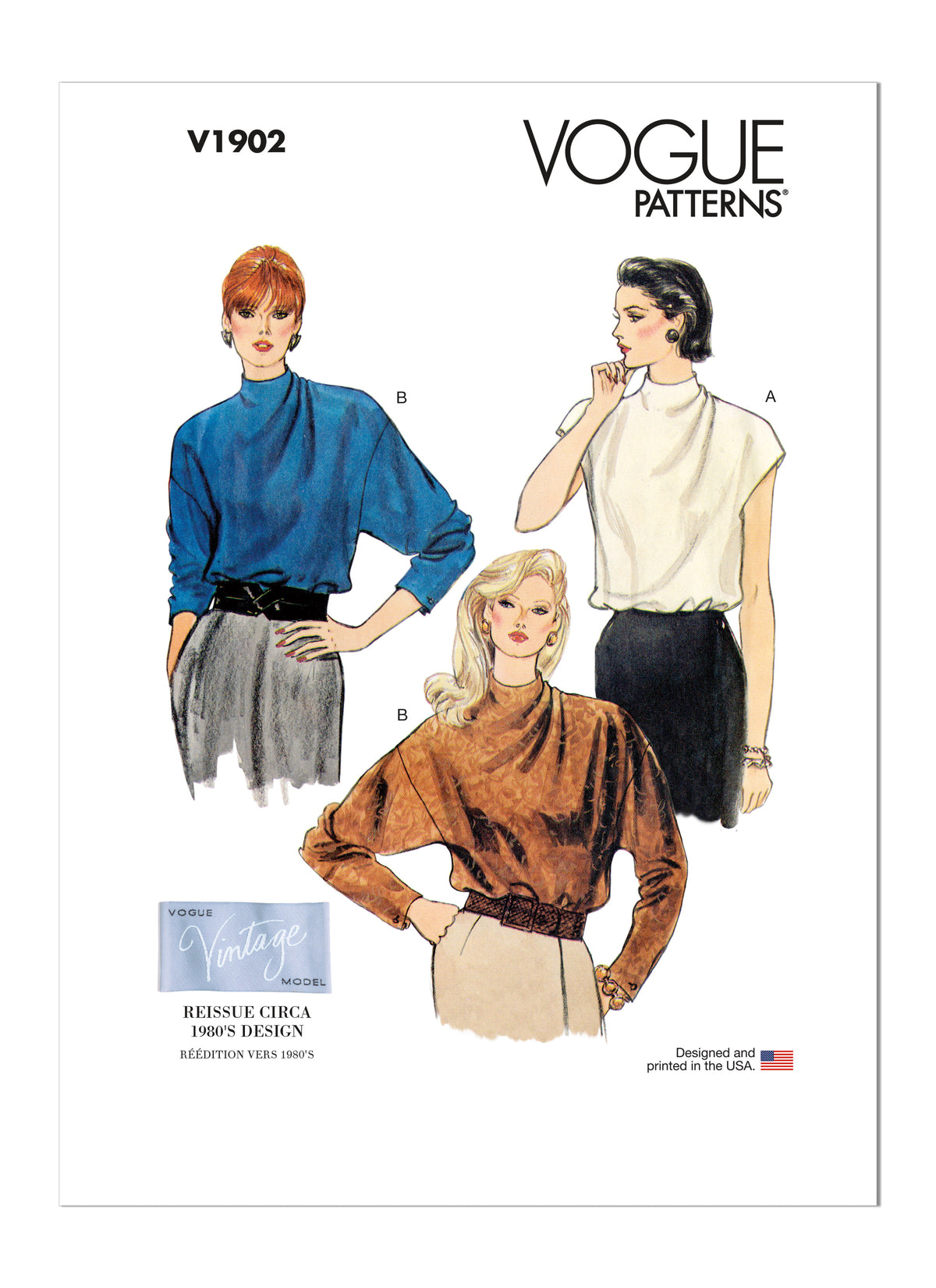Vogue Patterns V1902 pattern envelope showing the draped blouse designs