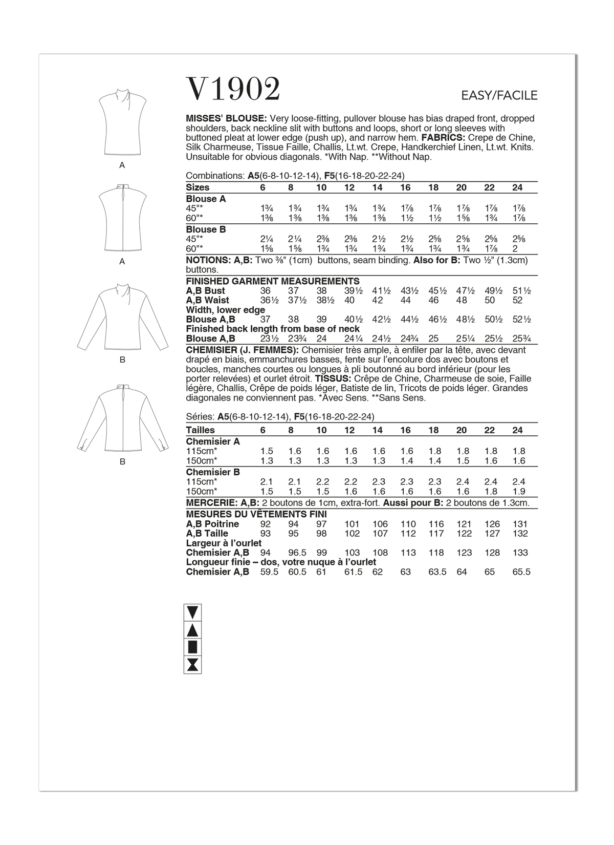 Vogue Patterns V1902 pattern envelope showing the draped blouse designs
