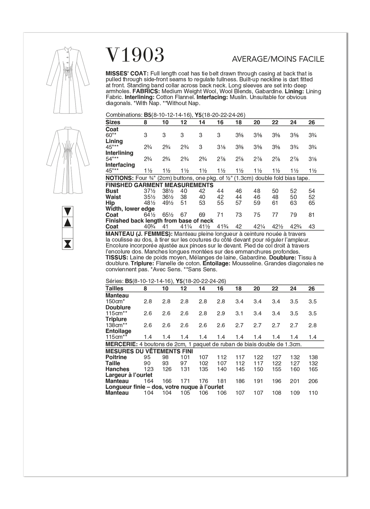 Vogue Patterns V1903 pattern envelope showing the full length coat designs