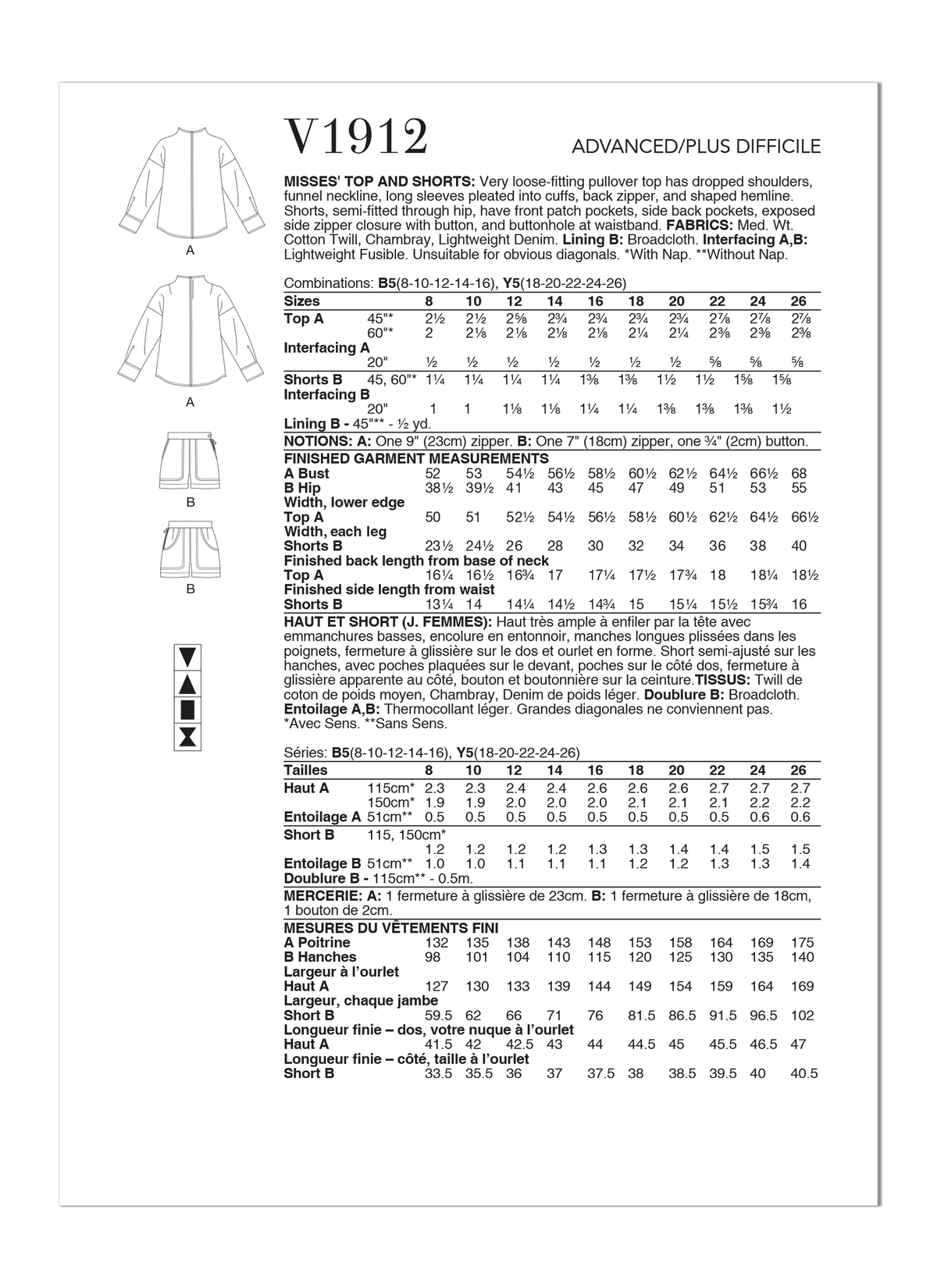 Vogue Patterns V1912 envelope showing the loose-fitting pullover top designs