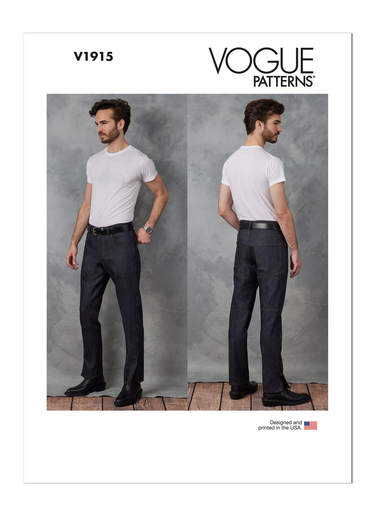 Vogue Patterns V1915 envelope showing the men's tapered leg jeans designs