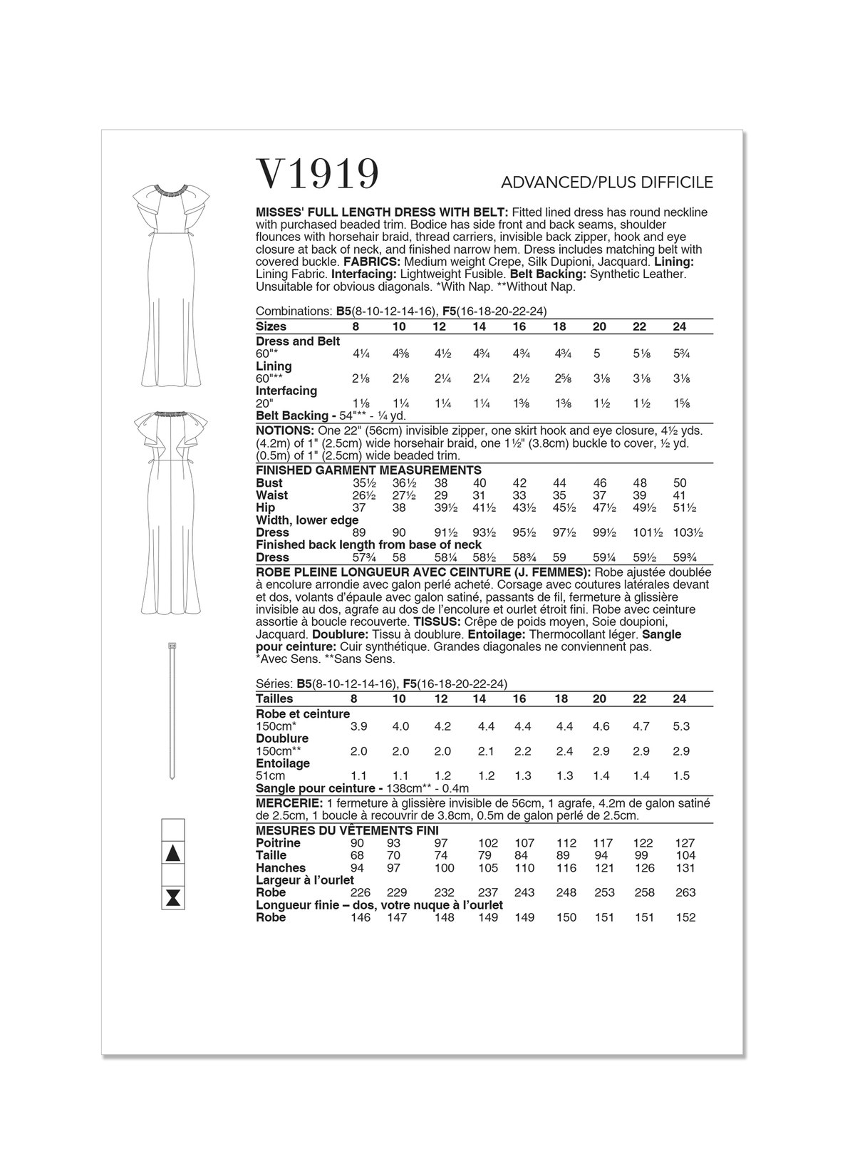 Vogue Patterns V1919 envelope showing the fitted lined dress designs