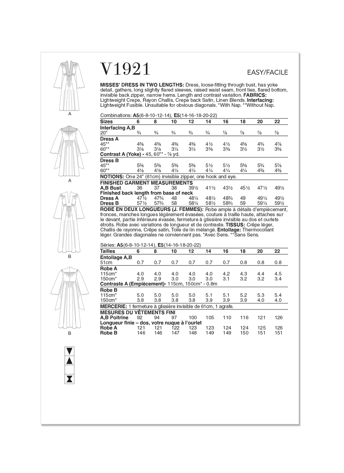 Vogue Patterns V1921 envelope showing the loose-fitting dress designs