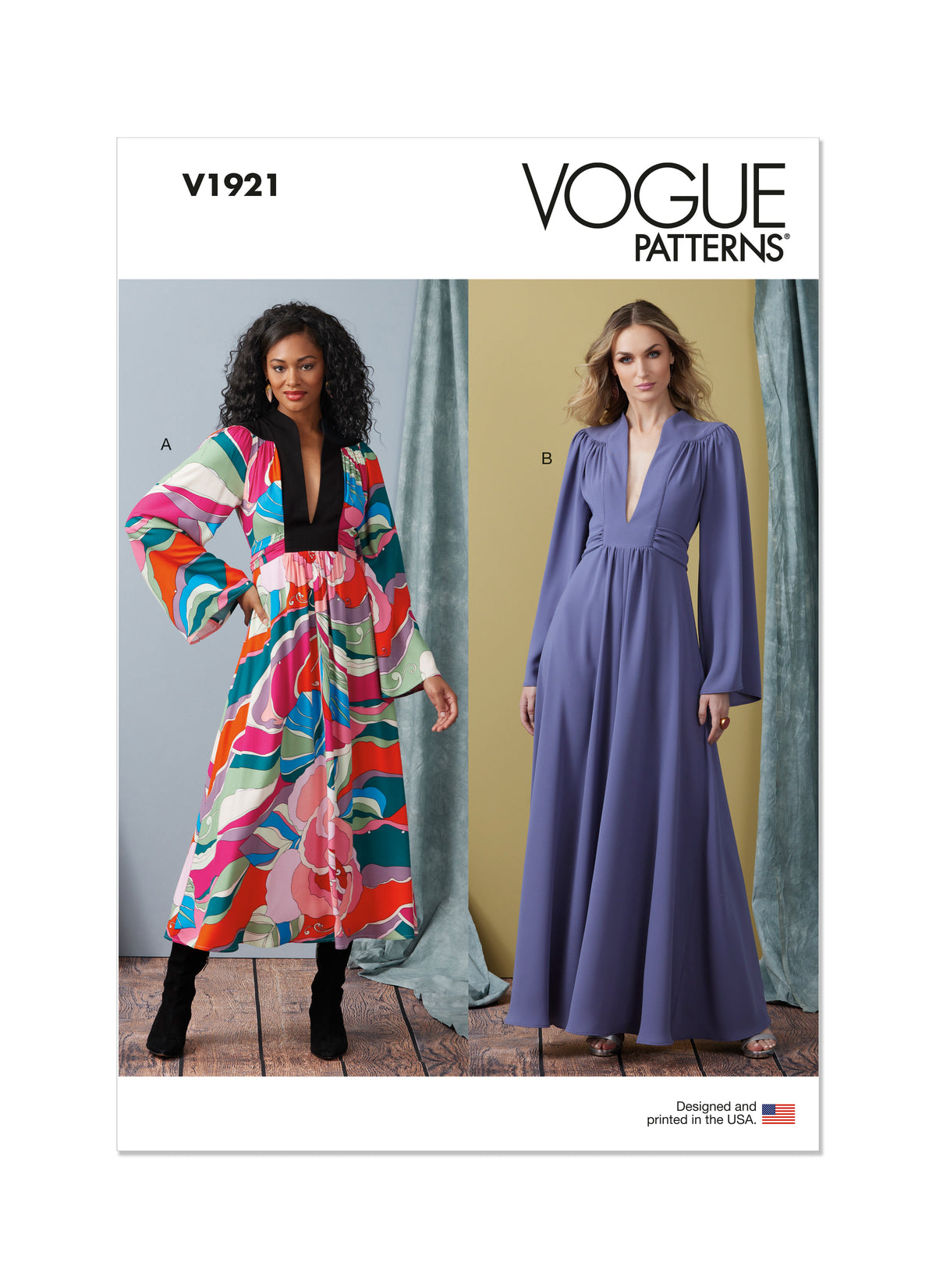 Vogue Patterns V1921 envelope showing the loose-fitting dress designs