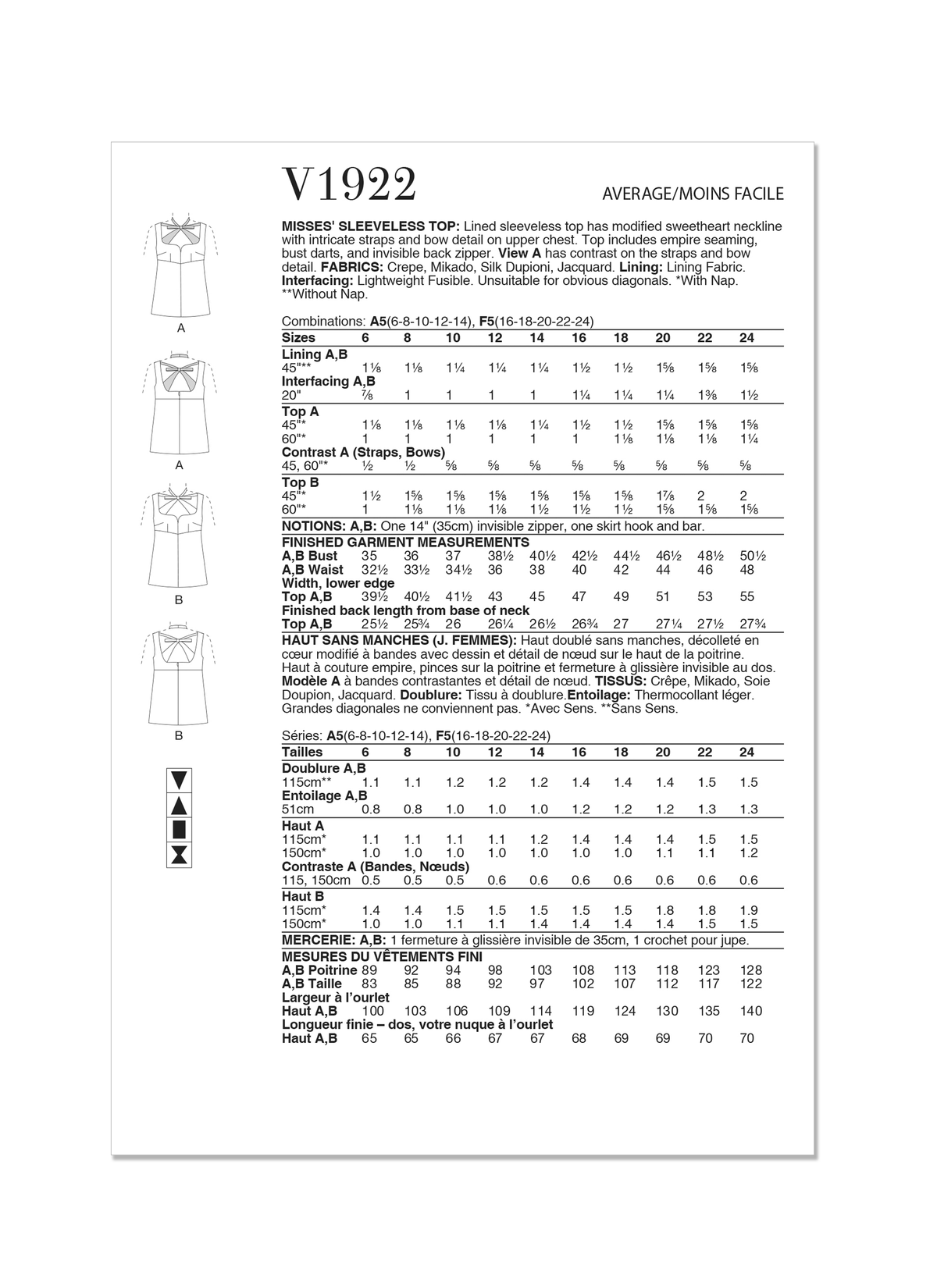 Vogue Patterns V1922 envelope showing the lined sleeveless top designs