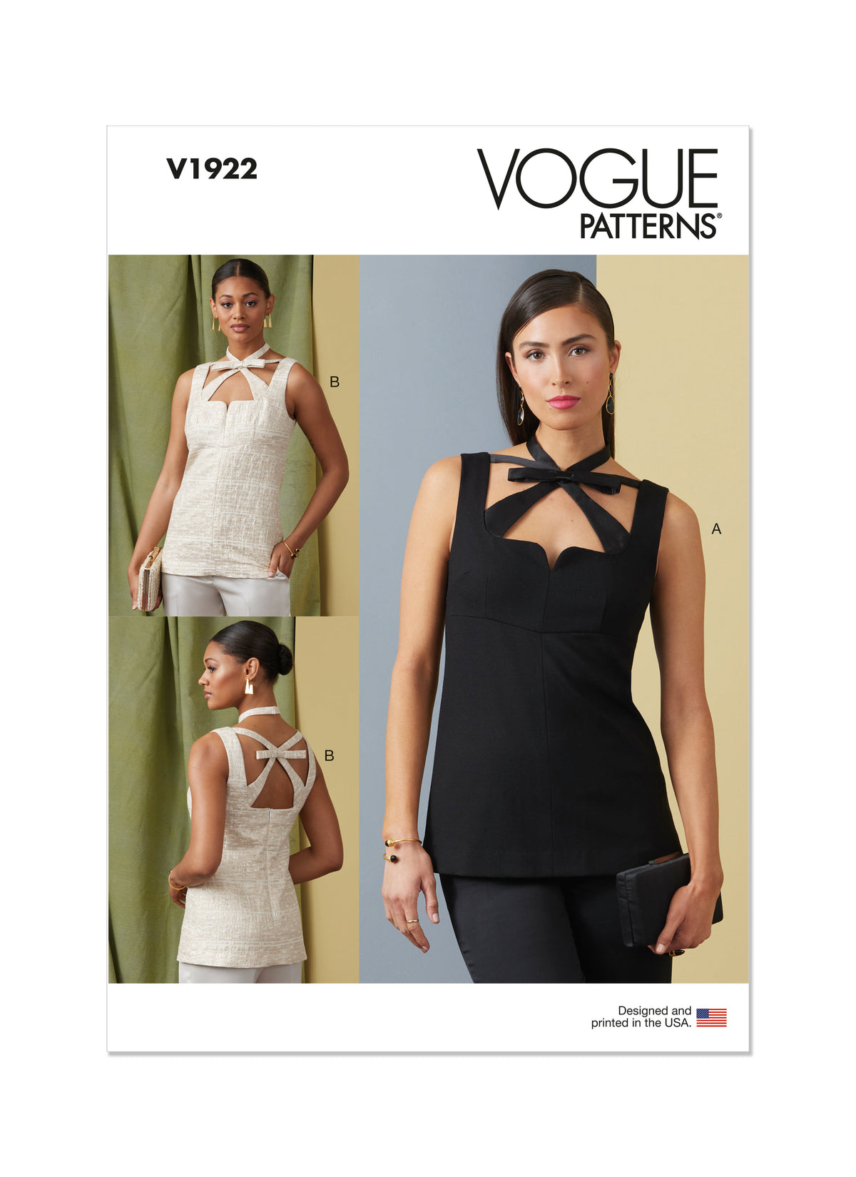 Vogue Patterns V1922 envelope showing the lined sleeveless top designs