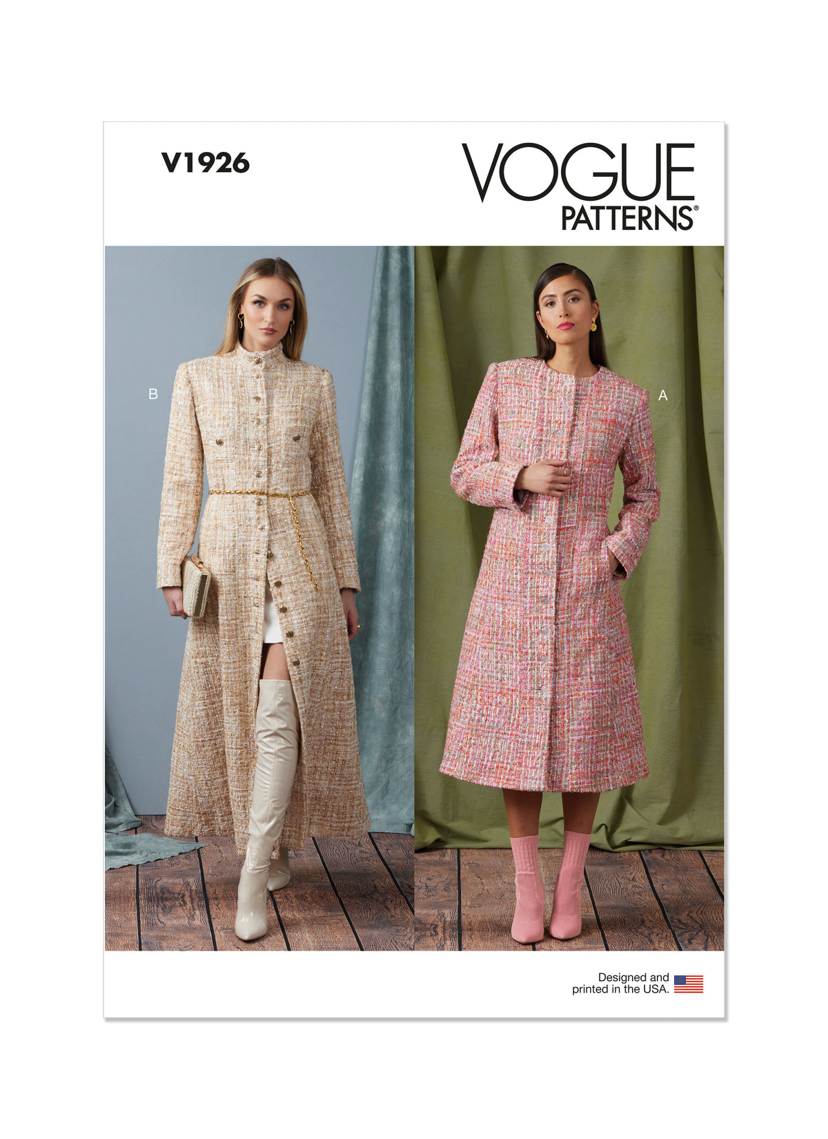 Vogue Patterns V1926 envelope showing the semi-fitted lined coat designs