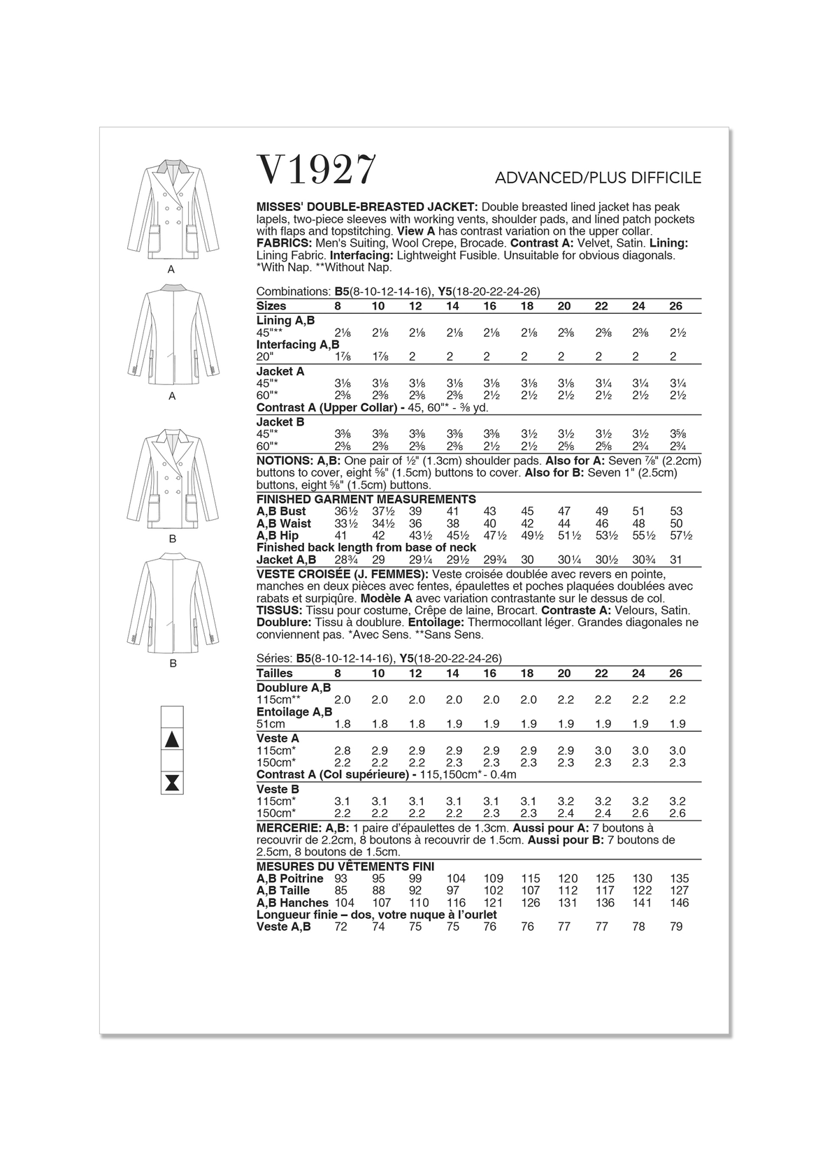 Vogue Patterns V1927 envelope showing the double-breasted lined jacket designs