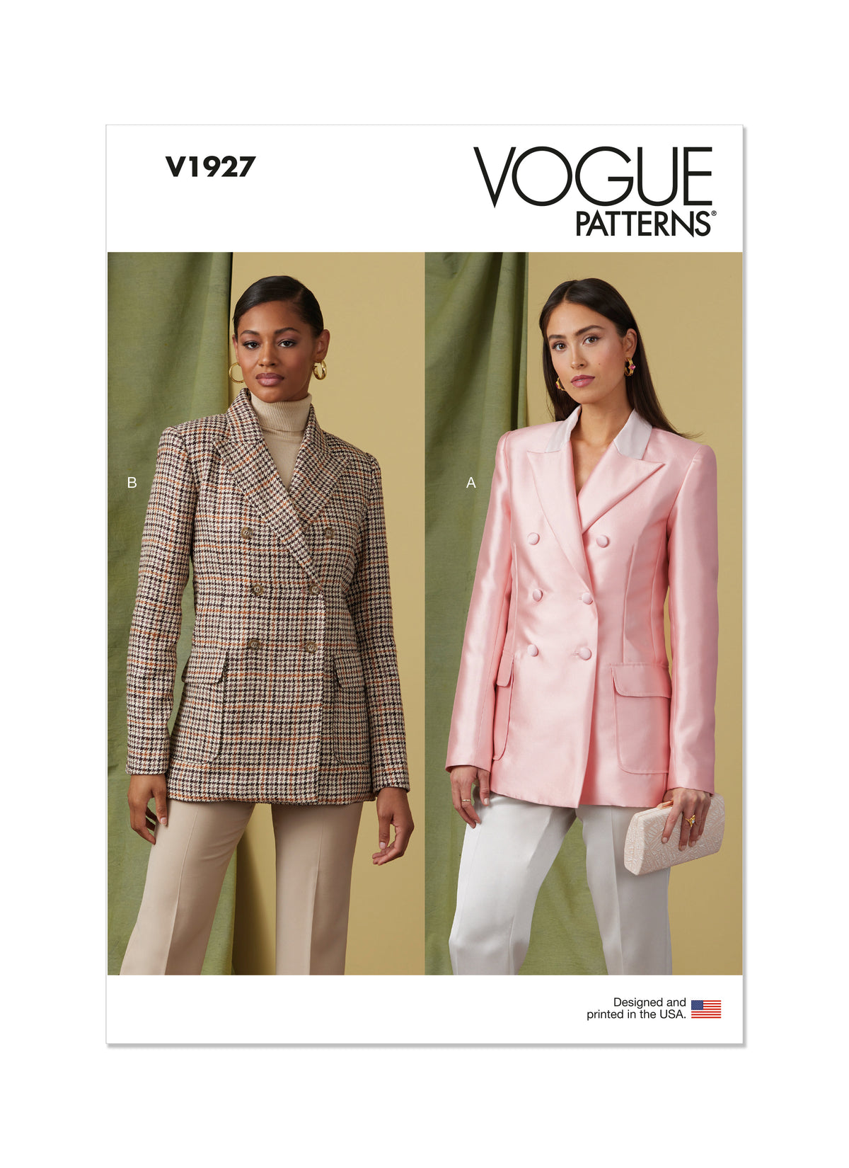 Vogue Patterns V1927 envelope showing the double-breasted lined jacket designs