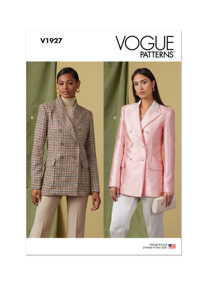 Vogue Patterns V1927 envelope showing the double-breasted lined jacket designs