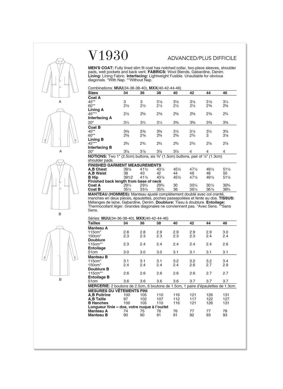 Vogue Patterns V1930 envelope showing the men's lined slim fit coat designs
