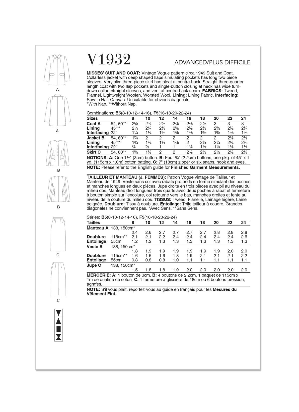 Vogue Patterns V1932 envelope showing the vintage 1949 suit and coat designs
