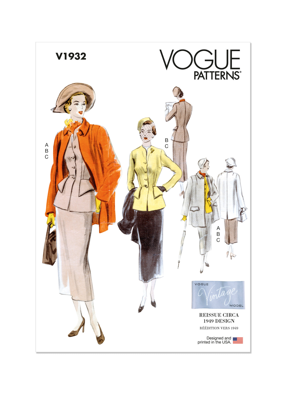 Vogue Patterns V1932 envelope showing the vintage 1949 suit and coat designs