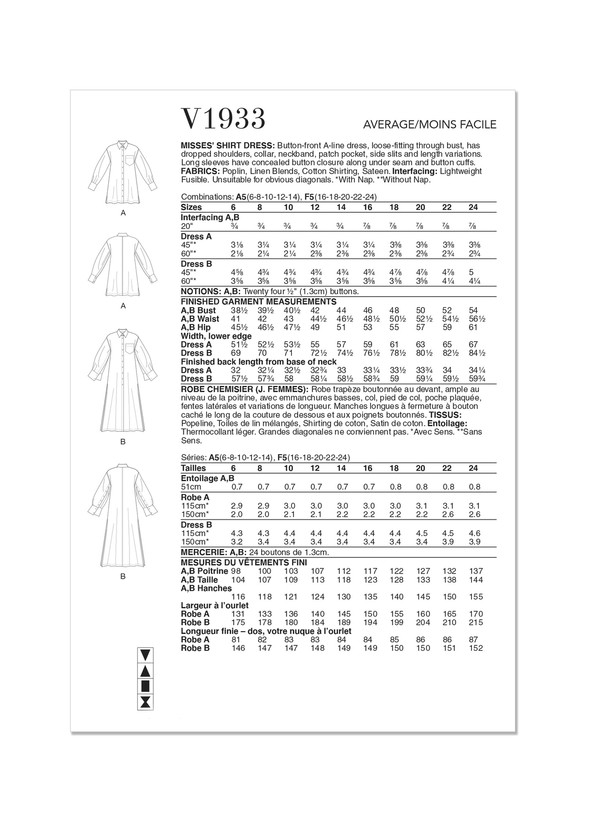 Vogue Patterns V1933 envelope showing the button-front A-line dress