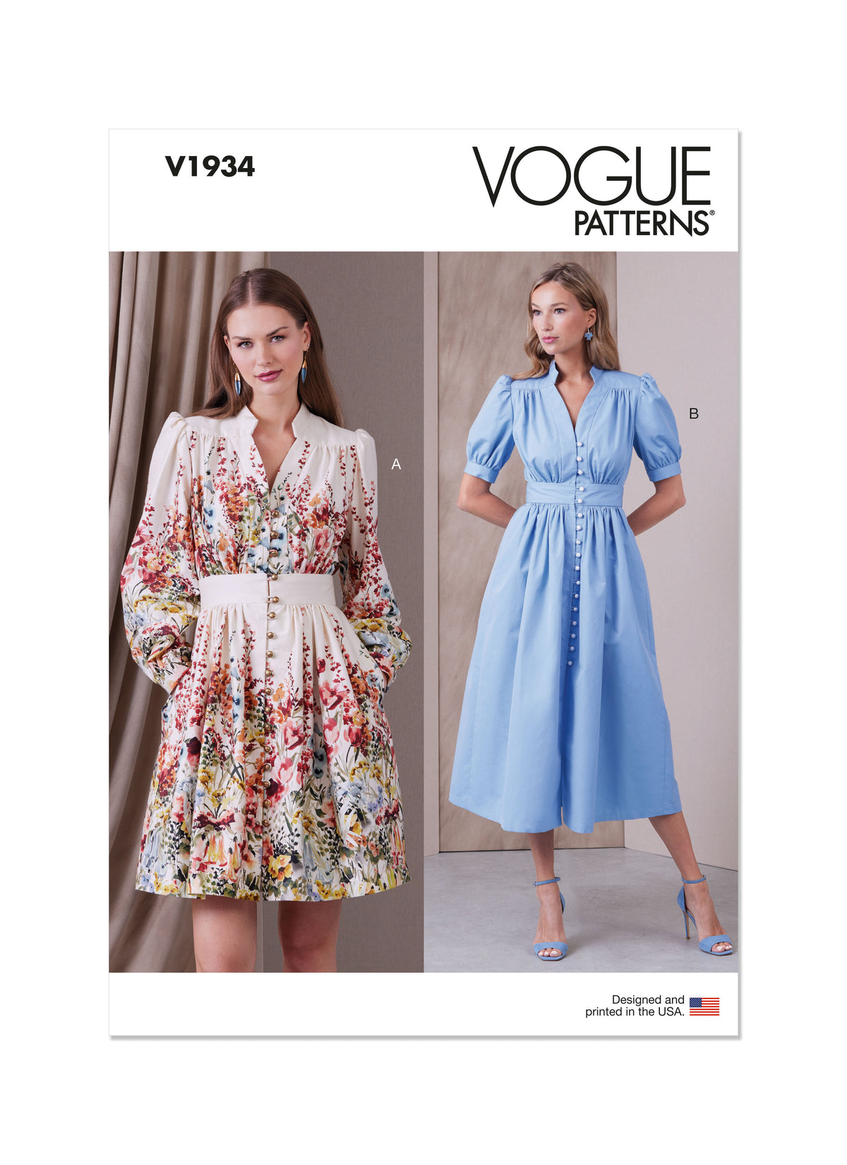 Vogue Patterns V1934 envelope showing the dress with a stand collar and raised waist