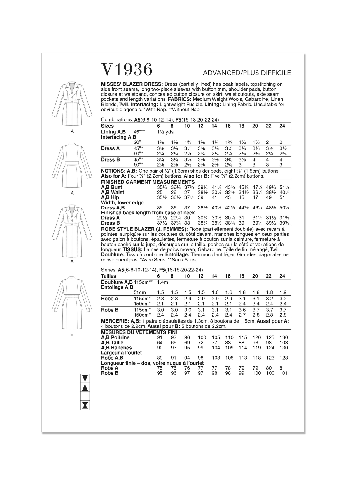 Vogue Patterns V1936 envelope showing the dress with peak lapels