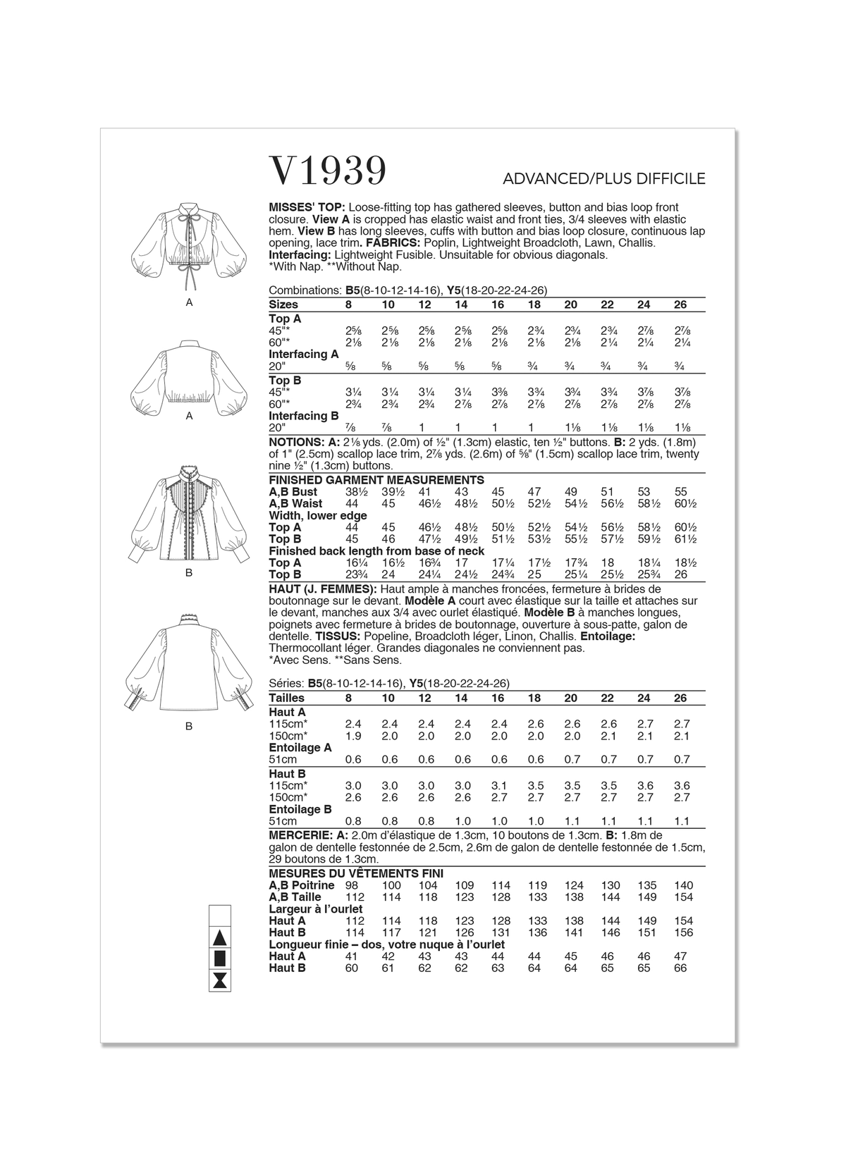 Vogue Patterns V1939 envelope showing the loose-fitting top with gathered sleeves