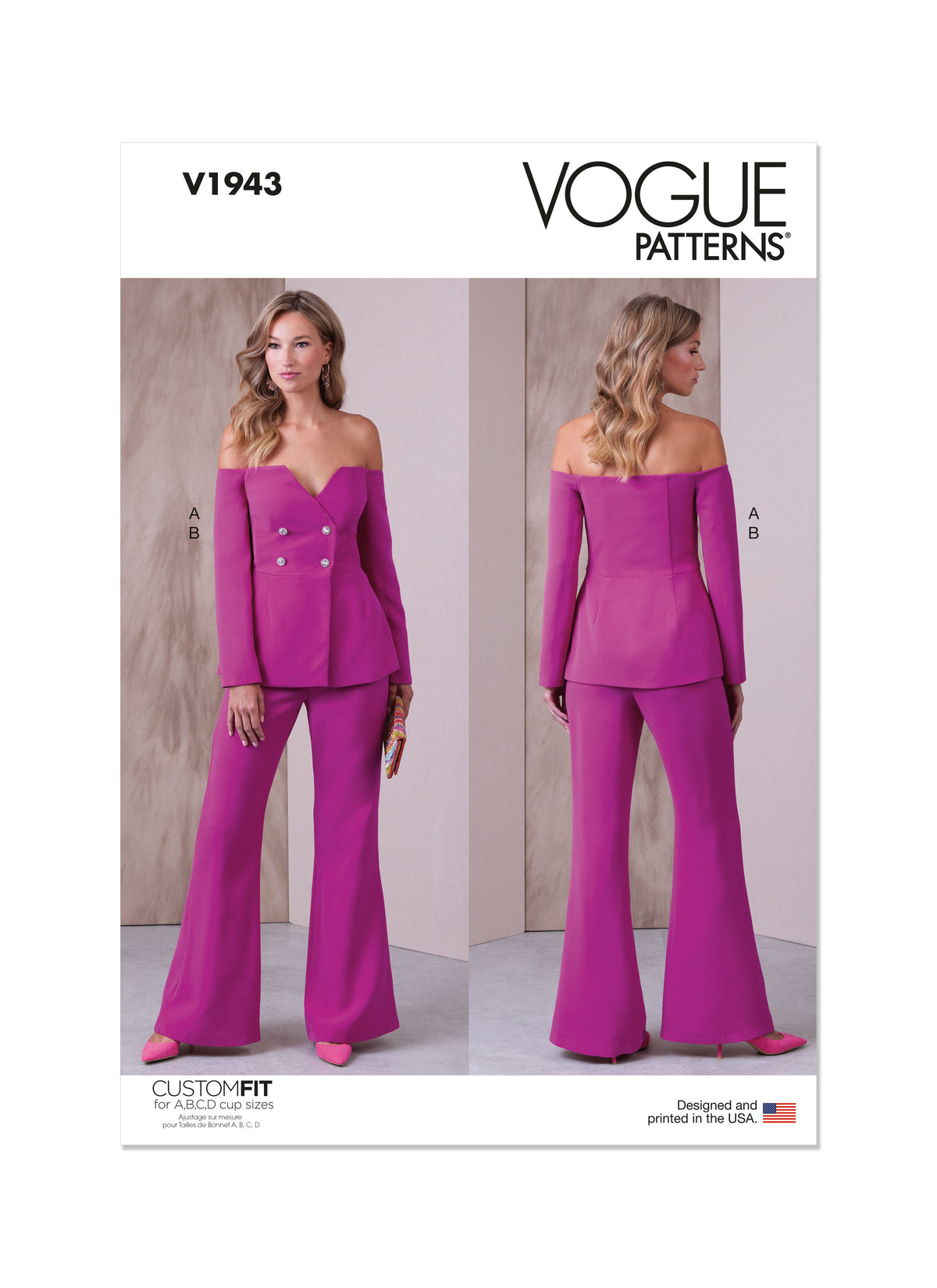 Vogue Patterns V1943 envelope showing the off-the-shoulder, double-breasted lined jacket