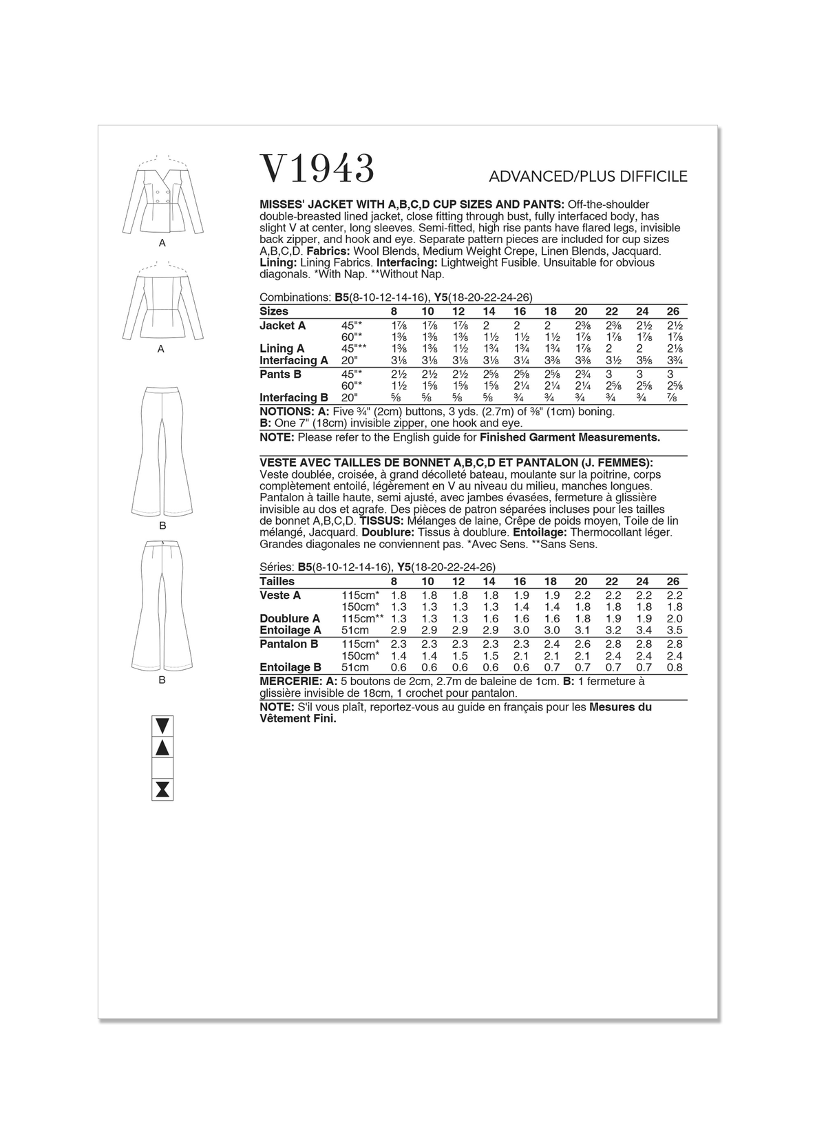 Vogue Patterns V1943 envelope showing the off-the-shoulder, double-breasted lined jacket