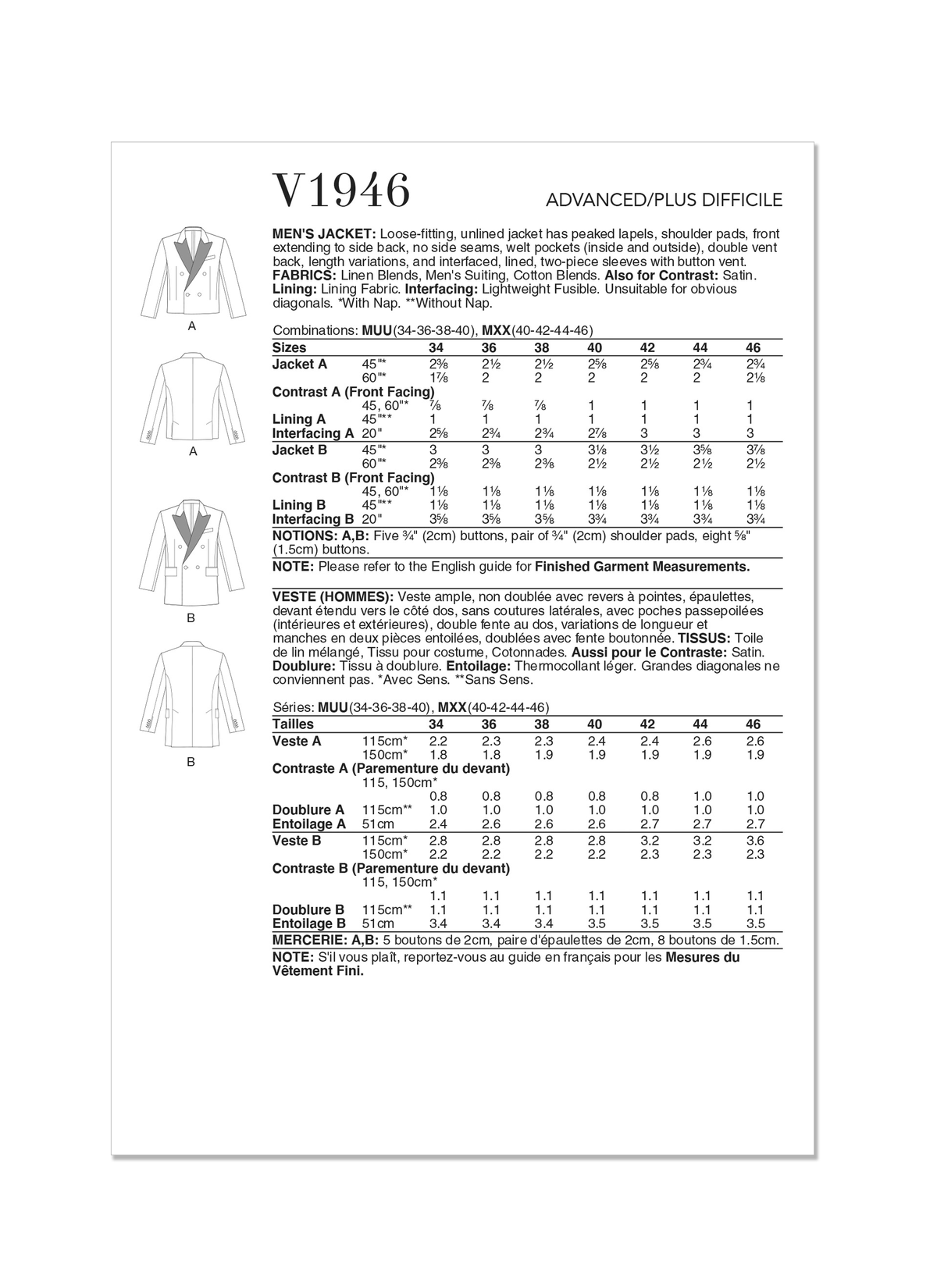 Vogue Patterns V1946 envelope showing the loose-fitting, unlined men's jacket