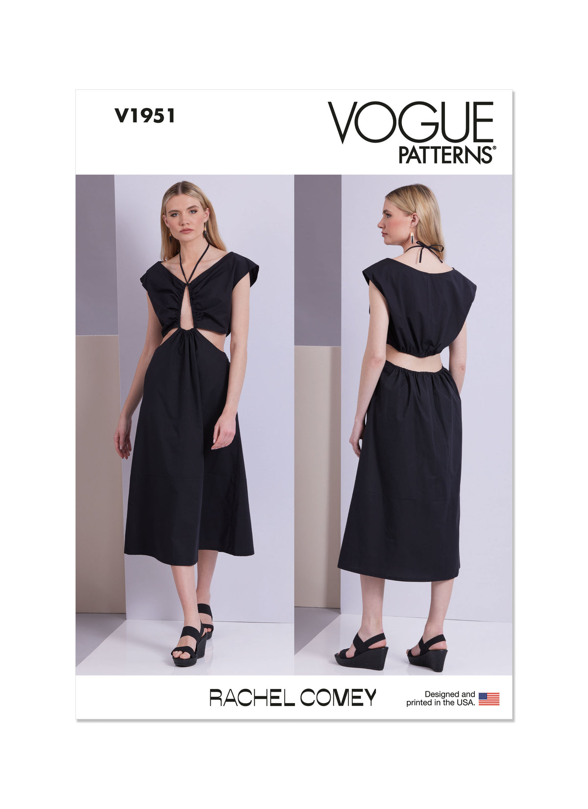 Vogue Patterns V1951 envelope showing the A-line midi dress with cut-out details