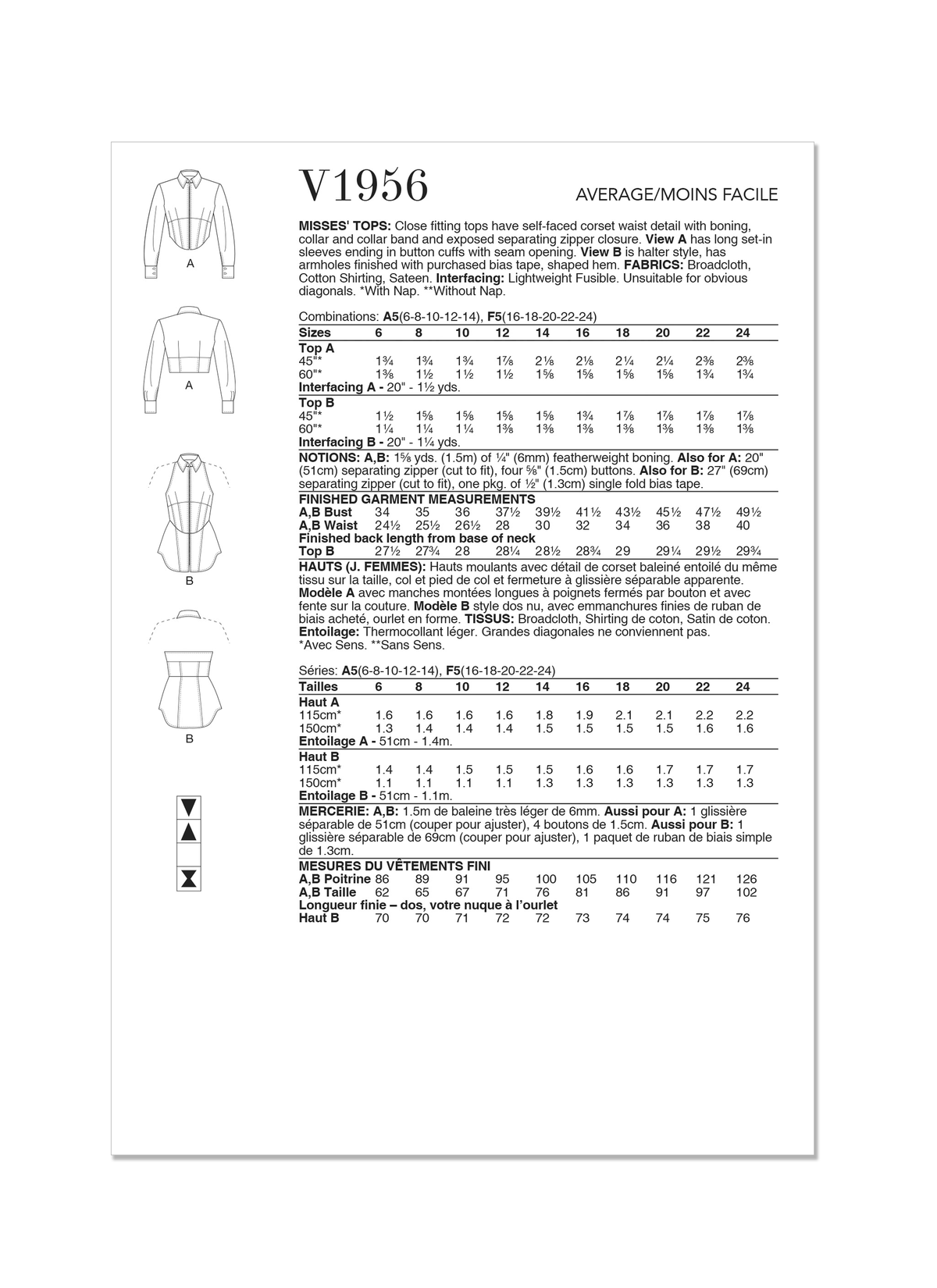 Vogue Patterns V1956 envelope showing the close-fitting tops with corset waist detail
